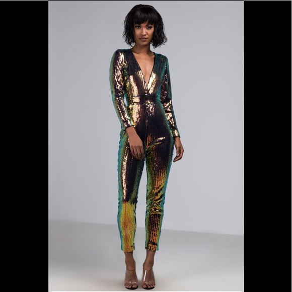 AKIRA Pants - Iridescent gold sequin jumpsuit